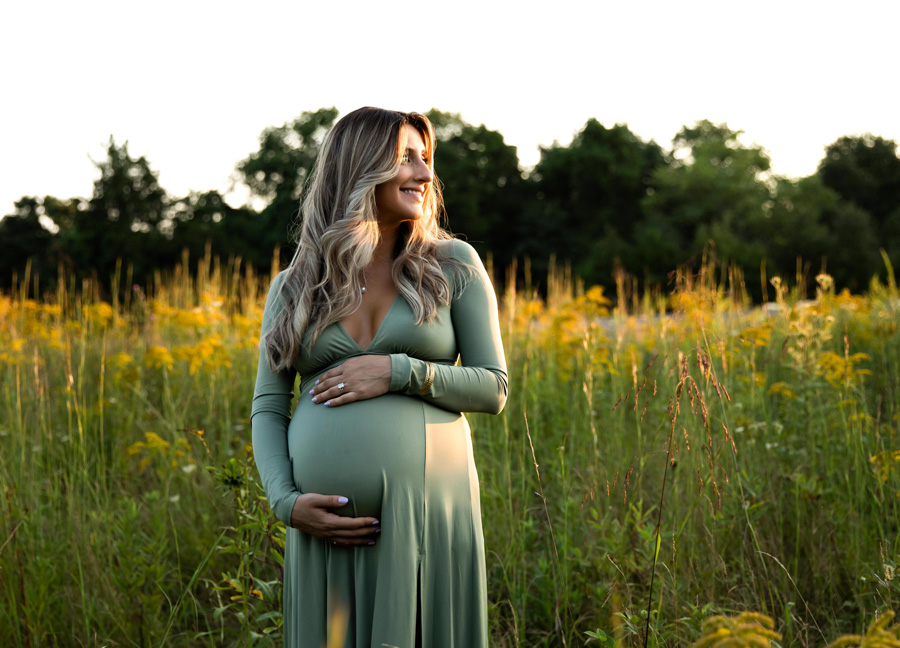 48 Fields Maternity Photography session featuring a mom in a green gown