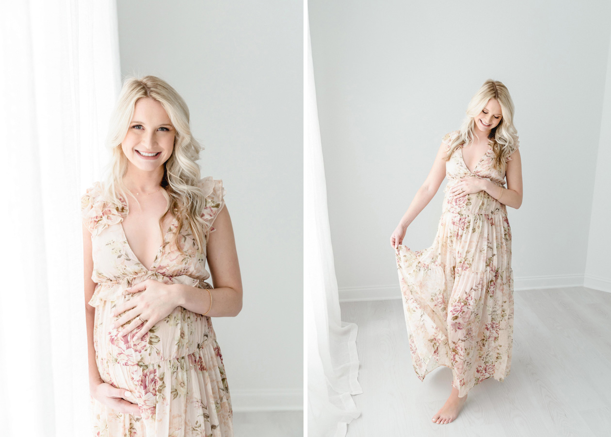 maternity photoshoot outfit featuring a pregnant mother wearing a lacy flowing dress and smiling