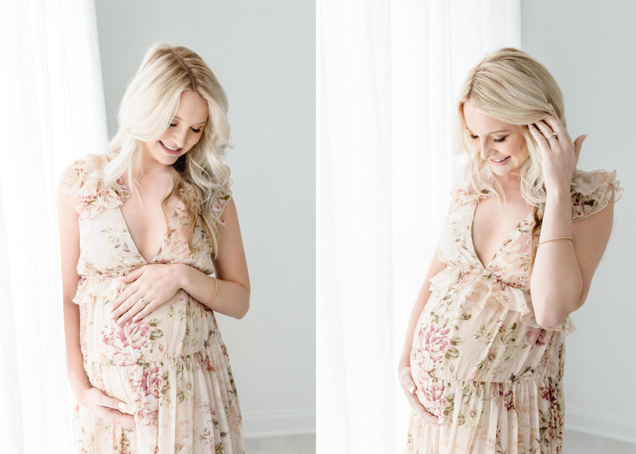 mom smiling and posing with her baby bump - maternity photoshoot outfit