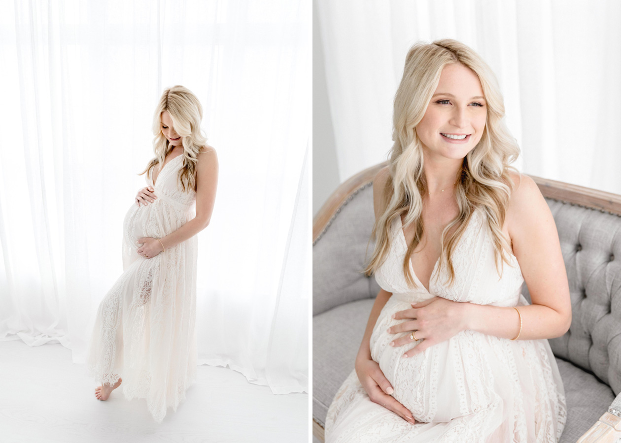 a pregnant woman smiling in a white gown - maternity photoshoot outfit