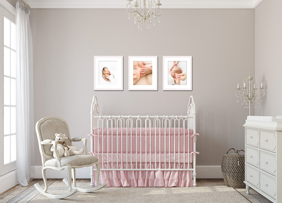 Beautiful girl nursery with custom photo frames provided by full-service newborn photographer, Stephanie Honikel Photography. 