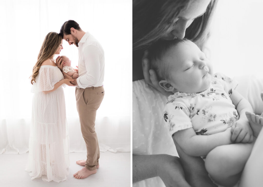 A mother and father holding their baby girl in an all white photography studio in Northern Virginia. 