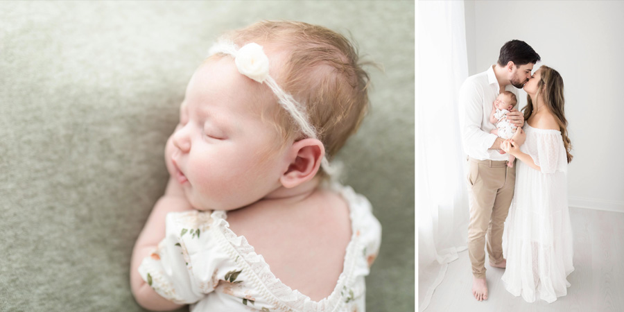 A baby girl in a floral romper and a white headband during their newborn photo shoot in Leesburg, VA.