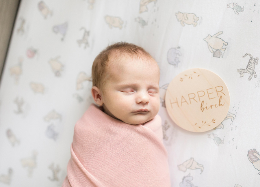 newborn photographer in D.C. captures a baby girl with the name "Harper Birch" next to her.