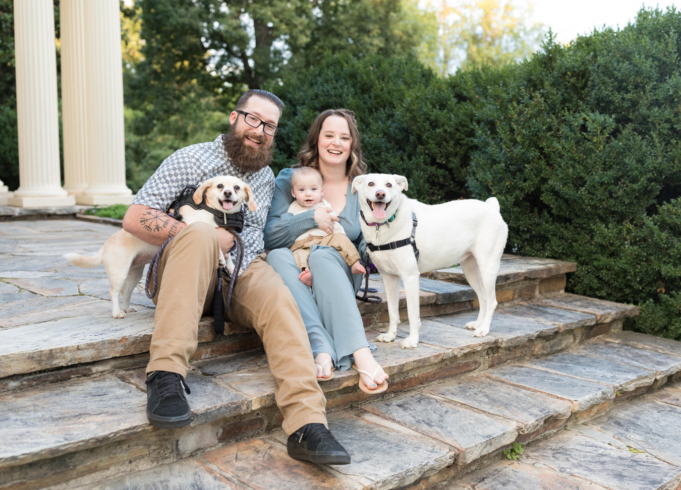 A family of three with their two dogs during a family session at Rust Manor in Leesburg Virginia