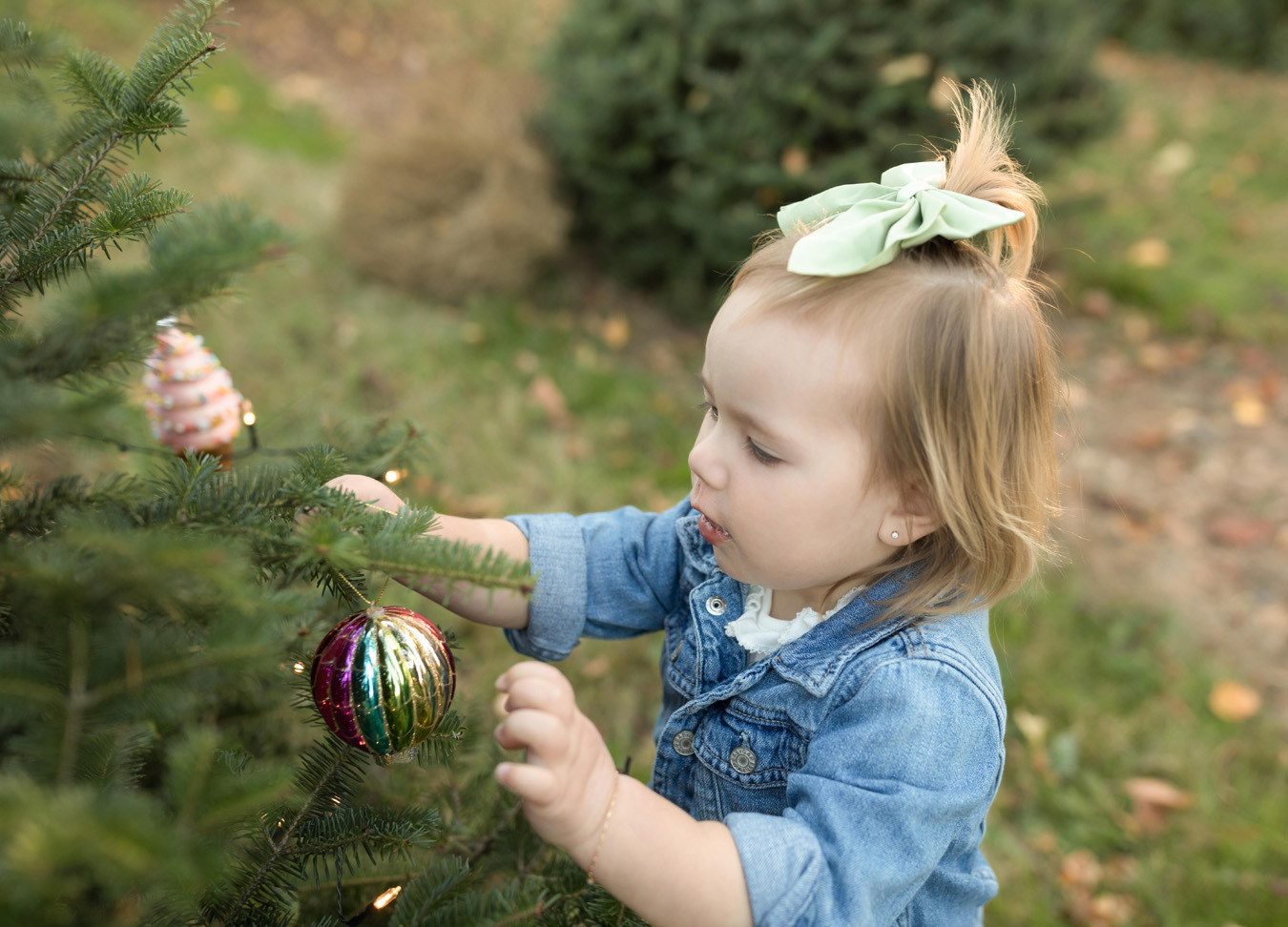 a little girl putting an ornament on a tree shot by a northern virginia family photographer