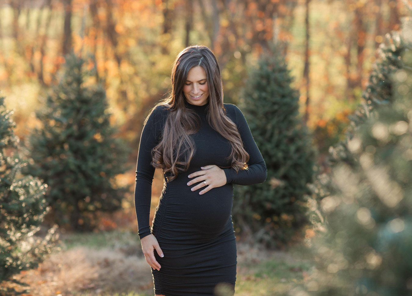 Christmas Maternity Photoshoot in Northern Virginia featuring a mom wearing a black dress and holding her belly