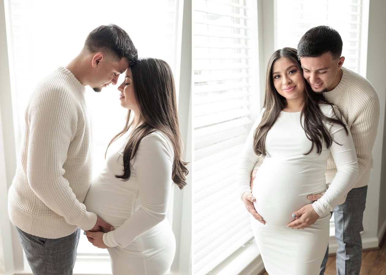 husband grabbing his pregnant wifes belly while they look at each other, captured by a newborn photographer in Washington D.C.