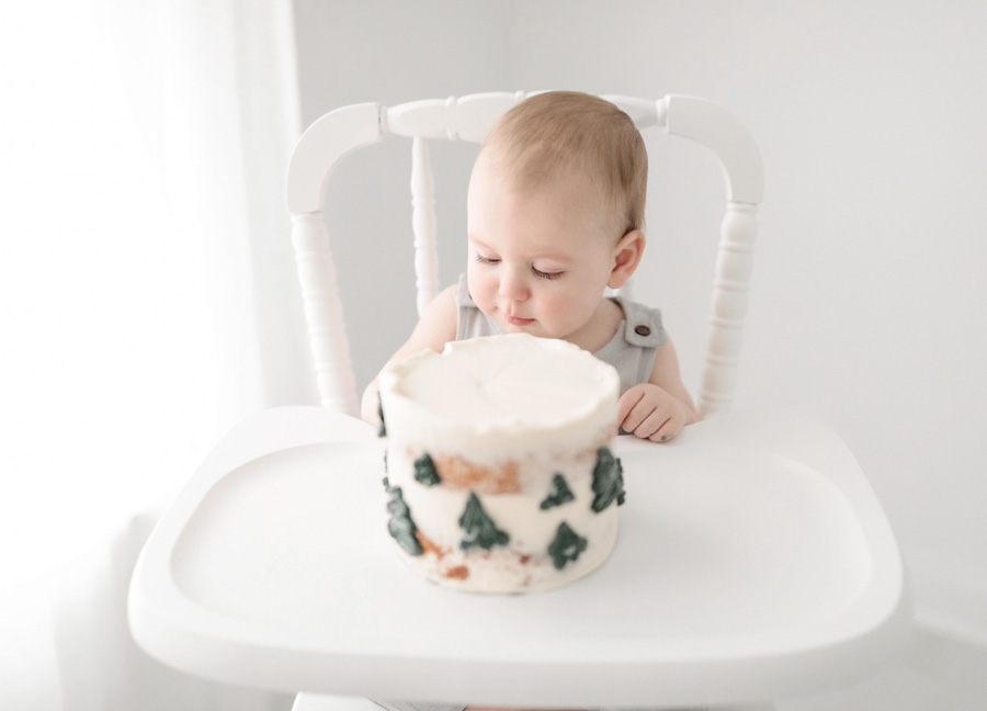 cake smash session in Northern Virginia featuring a little boy sitting in front of his cake in his high chair