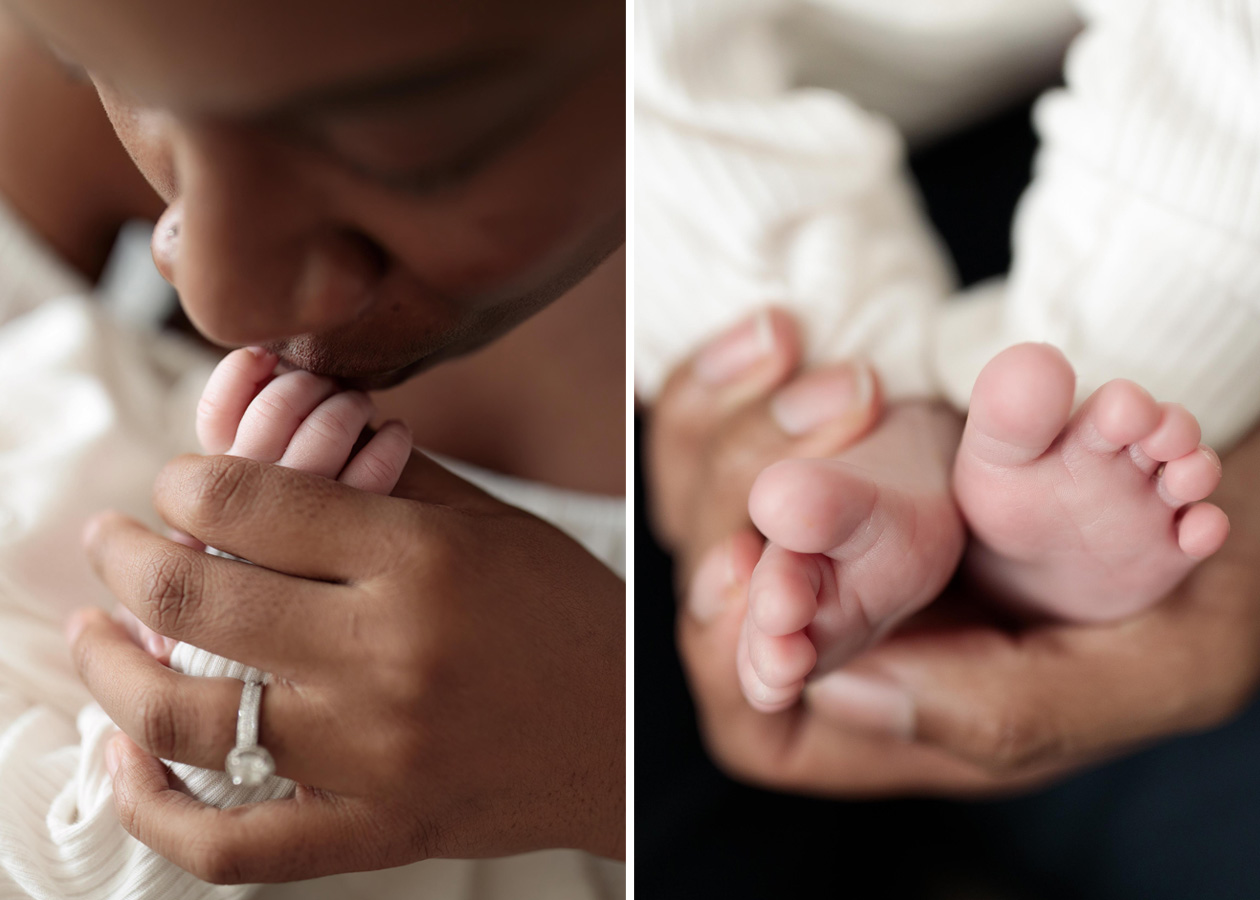 A mom kissing the fingers of a baby and holding her toes in her hand.
