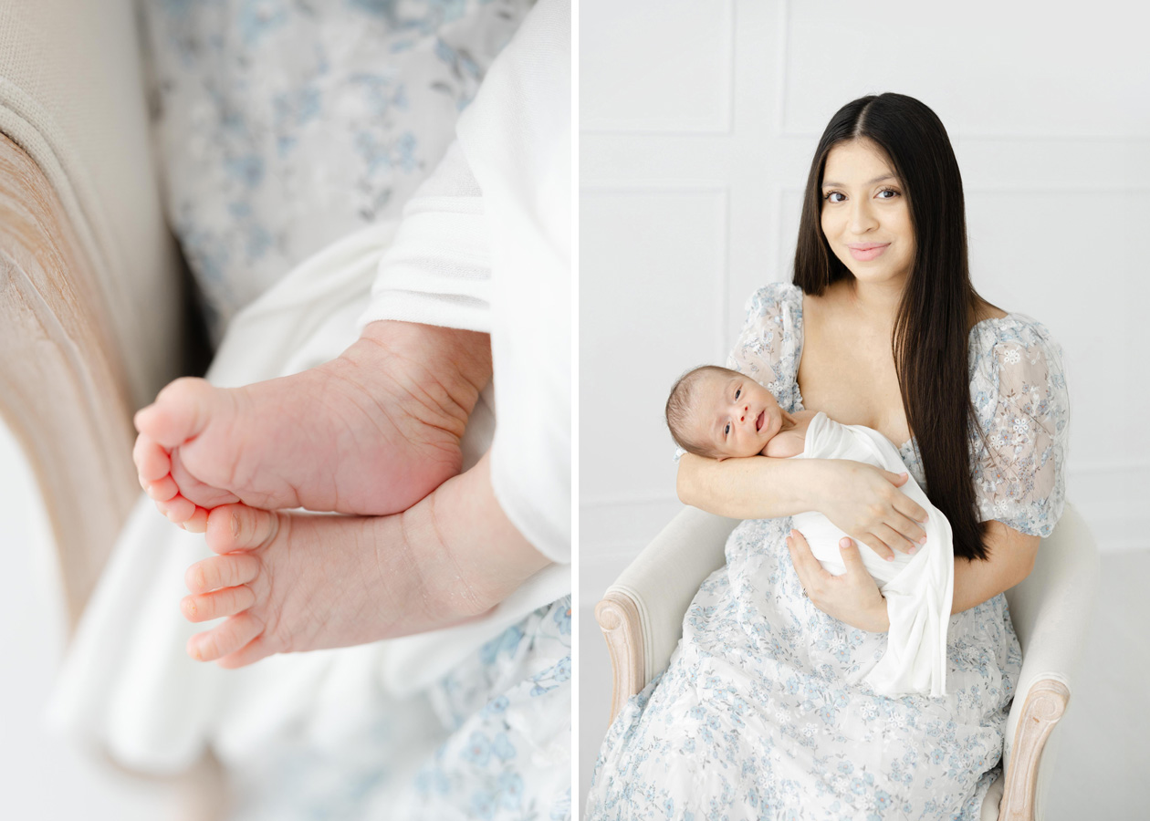 baby feet and a newborn baby being held by his mother captured by a Northern Virginia newborn photographer
