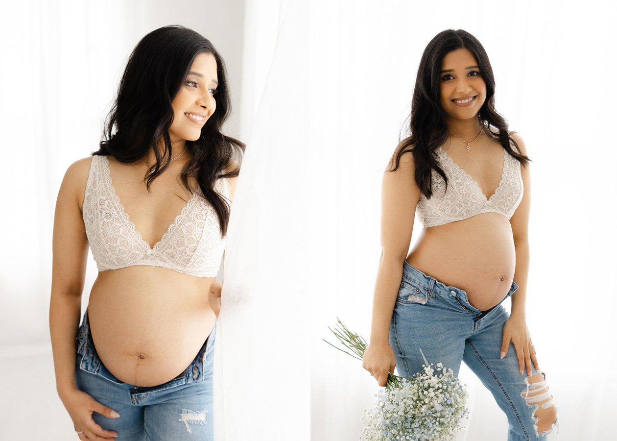 pregnant mother wearing a bra and jeans captured by the best maternity photographer in Washington D.C.