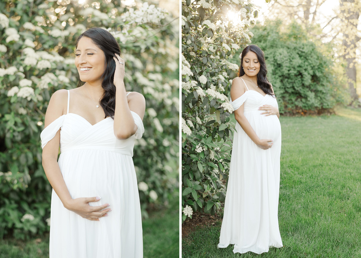 pregnant mom grabbing her stomach and smiling during a maternity shoot in Washington D.C.