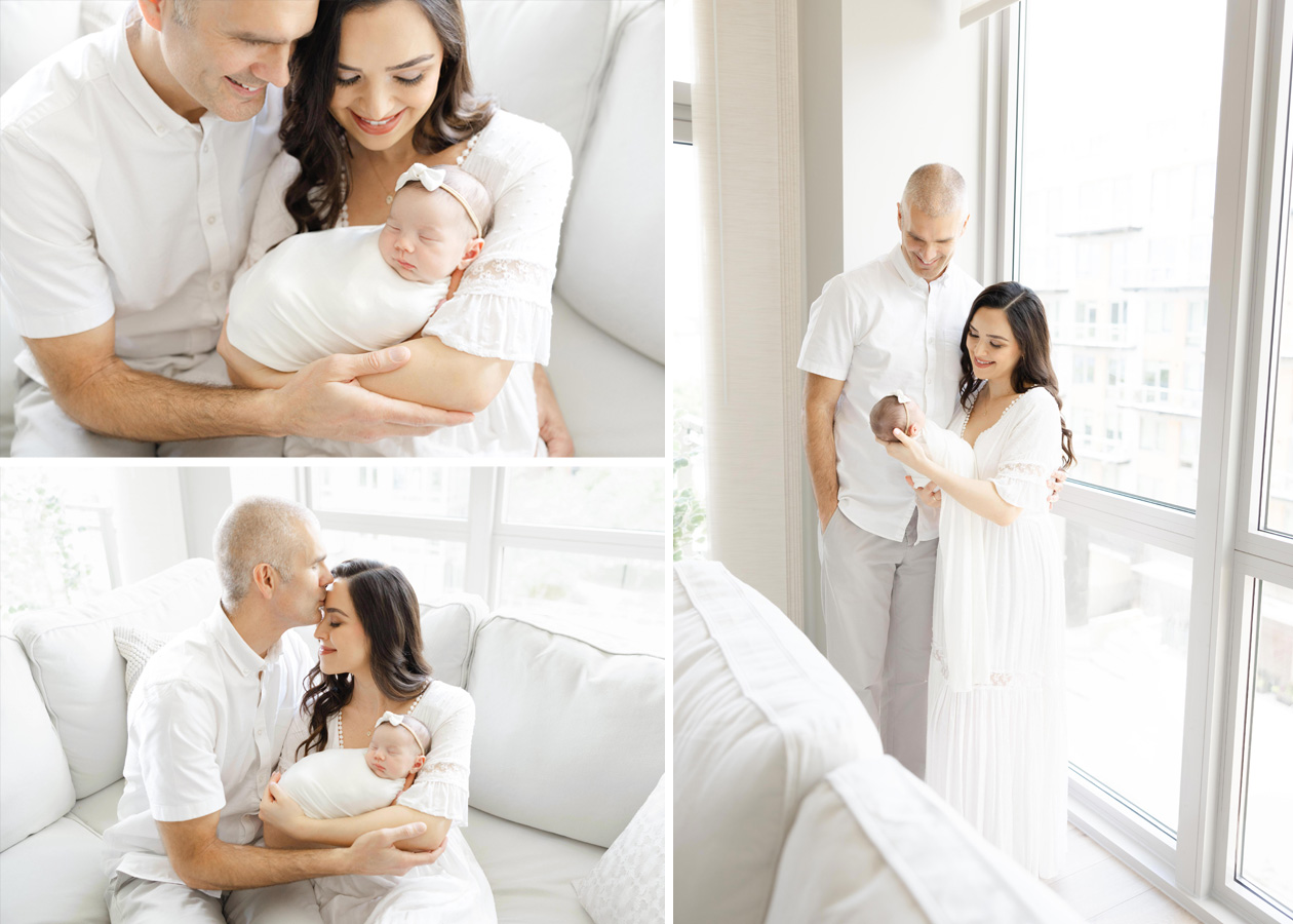 mother, father, and baby captured together smiling by a newborn photographer in Northern Virginia