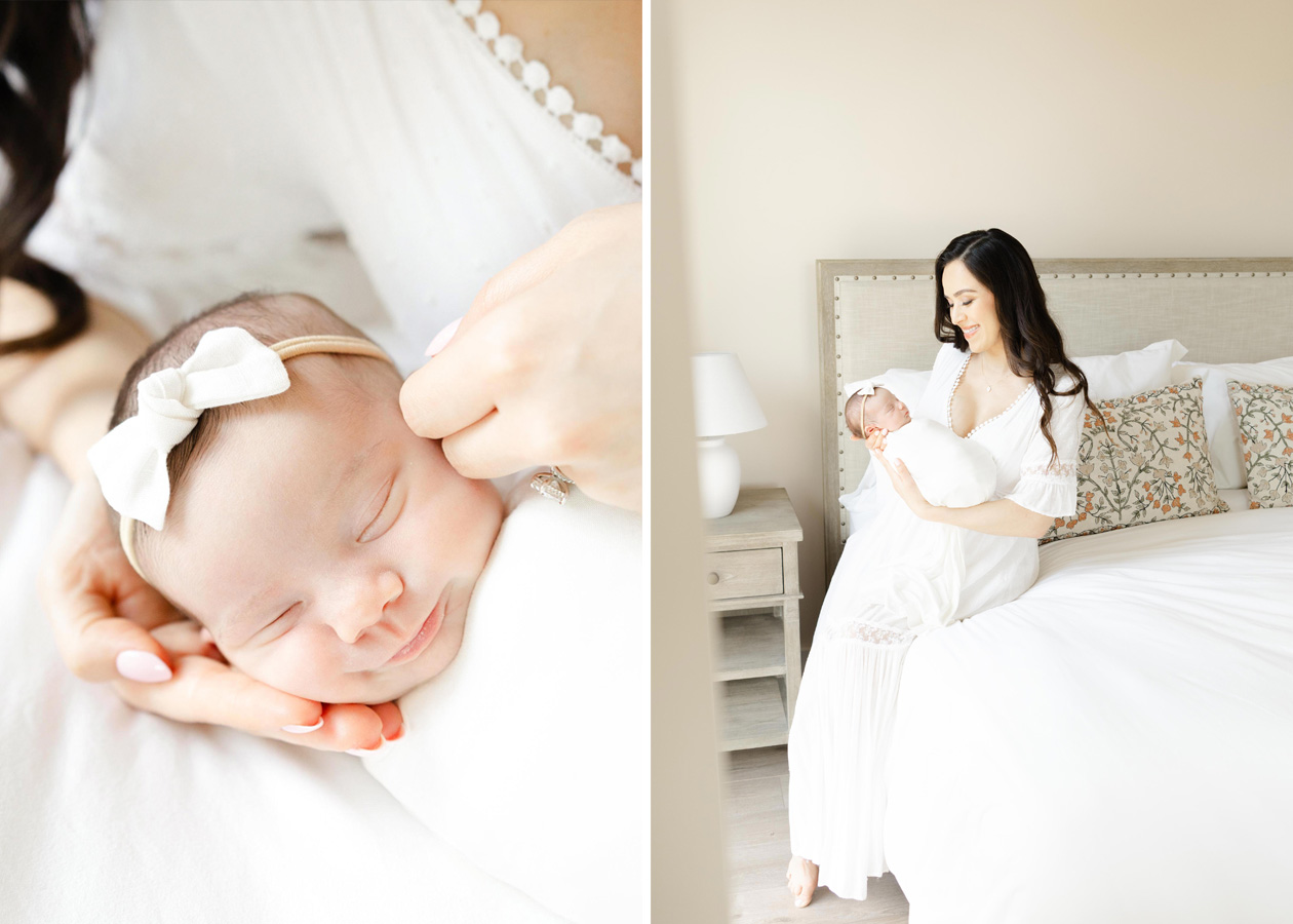 newborn smiling and a mom snuggling her newborn captured by a newborn photographer in Northern Virginia