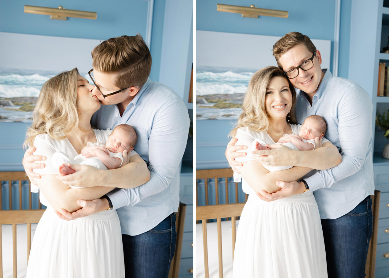 mom, dad, and baby snuggling in their nursery with their newborn baby captured by a newborn photographer in D.C.