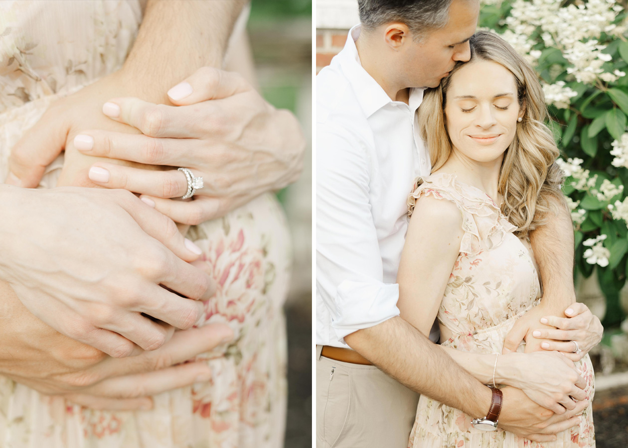 a father and pregnant mother embrace during a maternity session in Northern Virginia