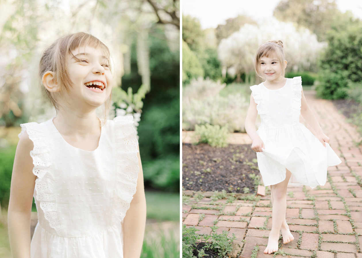 girl smiling in a white dress captured by a dc family photgrapher