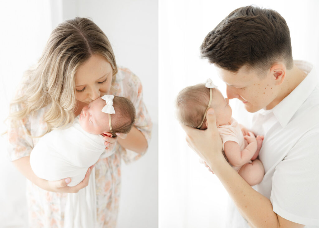 mom and dad kissing their newborn baby captured by a newborn photographer in NOVA