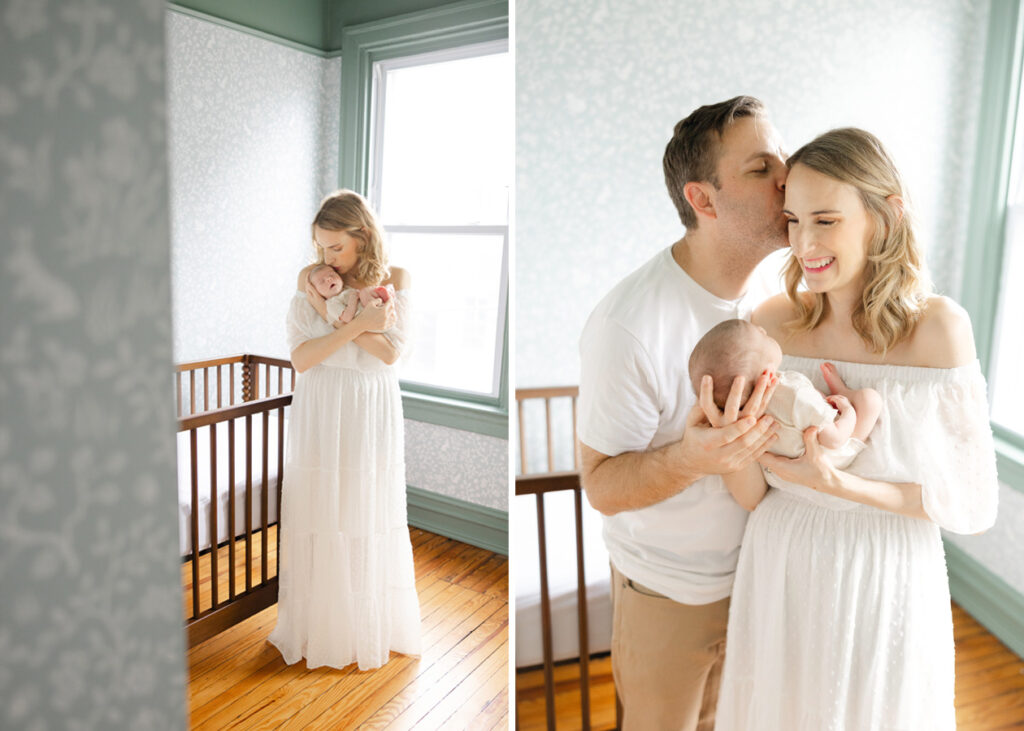 mom, dad, and baby smiling together captured by a northern virginia newborn photographer