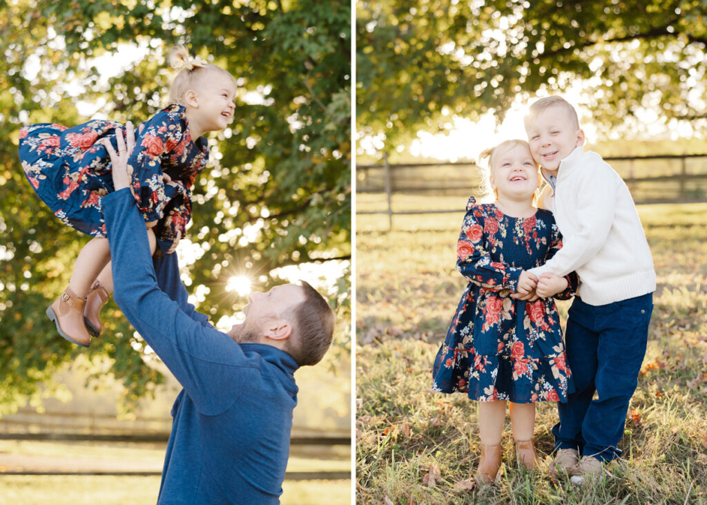 northern virginia family photographer capturing a dad and two siblings wearing cute outifts