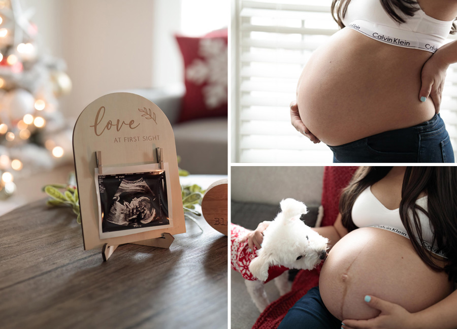 a collage of a pregnant woman during an in-home maternity session