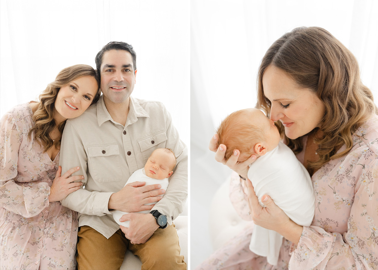 A mother and father sitting by the window with their swaddled newborn baby during their studio newborn session