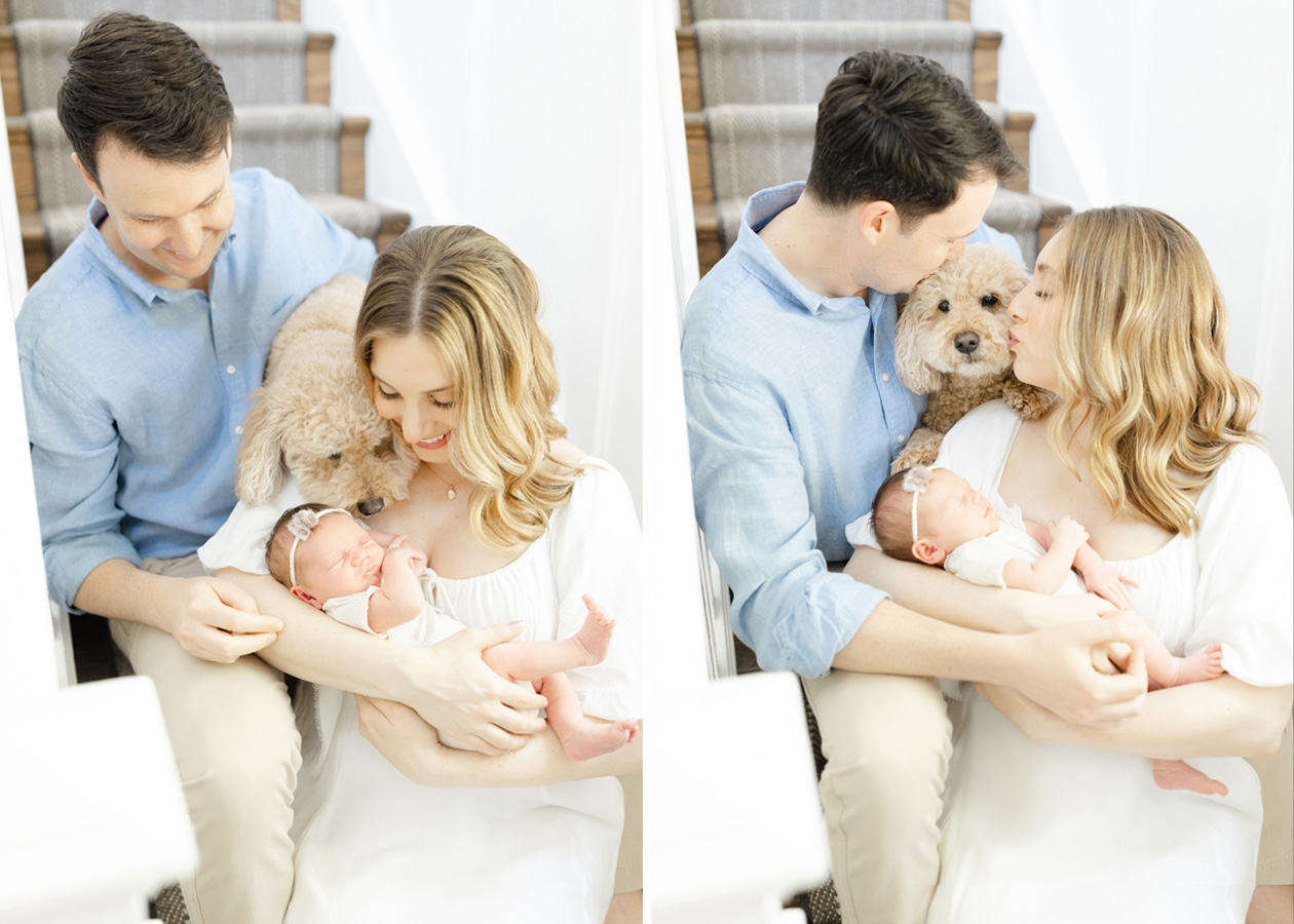 These side-by-side images capture a sweet family moment on a staircase, where a couple lovingly holds their newborn baby while their affectionate dog nestles close, showering the baby with gentle attention. The expressions of joy and tenderness reflect the strong bond shared between the parents, their baby, and their furry companion.