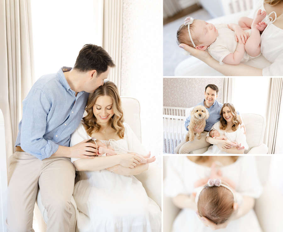 newborn photographer in northern virginia captures precious family photos of baby girl, mom, dad, and dog
