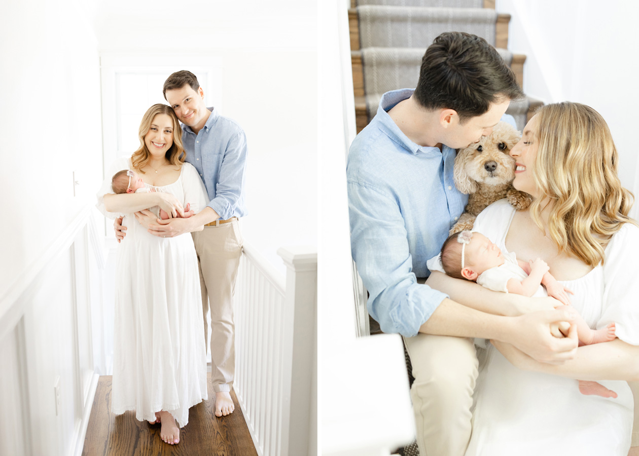 new family of three captured together snuggling their newborn baby in Northern Virginia