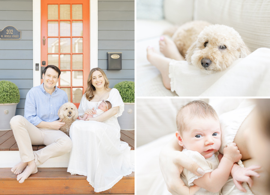 new family of three captured together snuggling their newborn baby in Northern Virginia