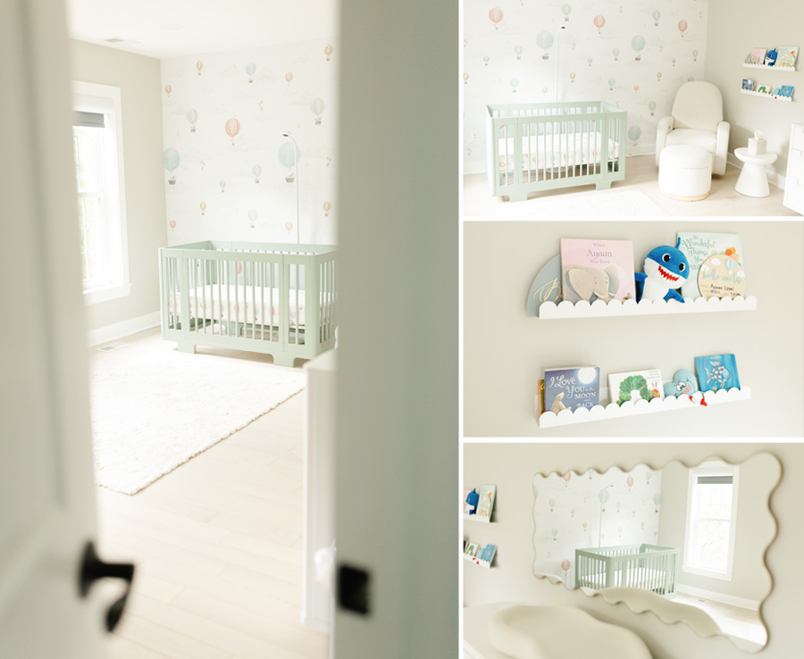 Cozy in-home newborn session prep guide featuring a softly lit nursery with pastel decor, books, and a mint green crib.