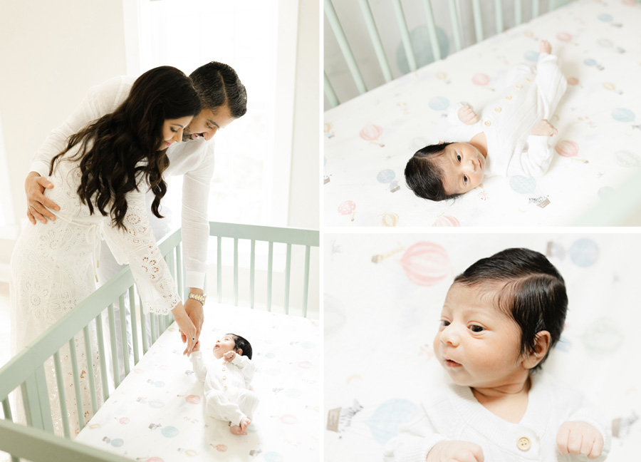 Cozy in-home newborn session prep guide showing parents lovingly interacting with their baby in a mint green crib.