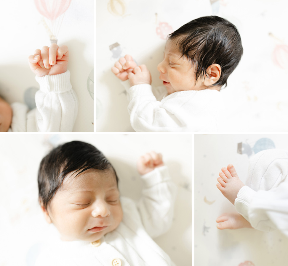 A collage of a newborn baby boy in a crib featuring details of his hands, feet and a sweet smile 