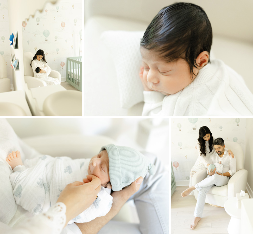 A collage of an in-home newborn session showing the parents bonding with their newborn baby in a neutral nursery setting. 