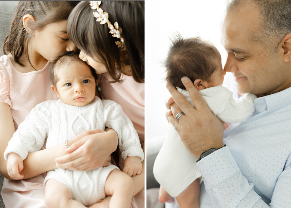 two sisters kissing a newborn and a father snuggling his newborn baby captured by a newborn photograher in the DMV