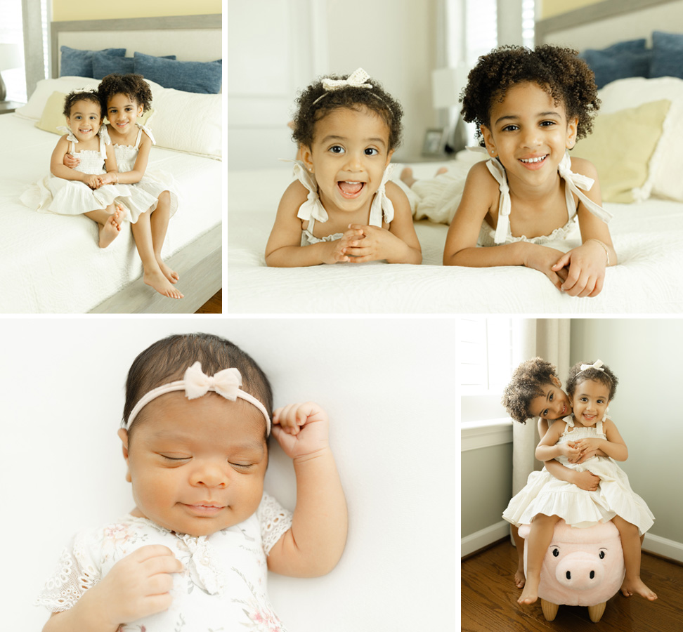 Two young sisters in white dresses and a newborn baby with a bow headband, captured in soft natural light—perfect inspiration for families attending summer festivals in the DMV area.