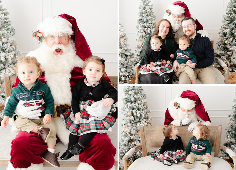 Two young children in festive outfits sit with Santa Claus during a holiday photo session surrounded by snowy Christmas trees. A family joins in for a joyful moment, capturing the magic of the Santa Photos Experience with Stephanie Honikel Photography.