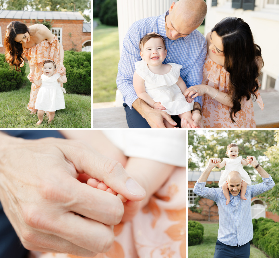 A joyful family portrait session with parents and their barefoot toddler in a white dress, showcasing genuine connection, tender moments, and a variety of poses — a perfect example of why a full session offers more storytelling and meaningful images than rushed fall minis