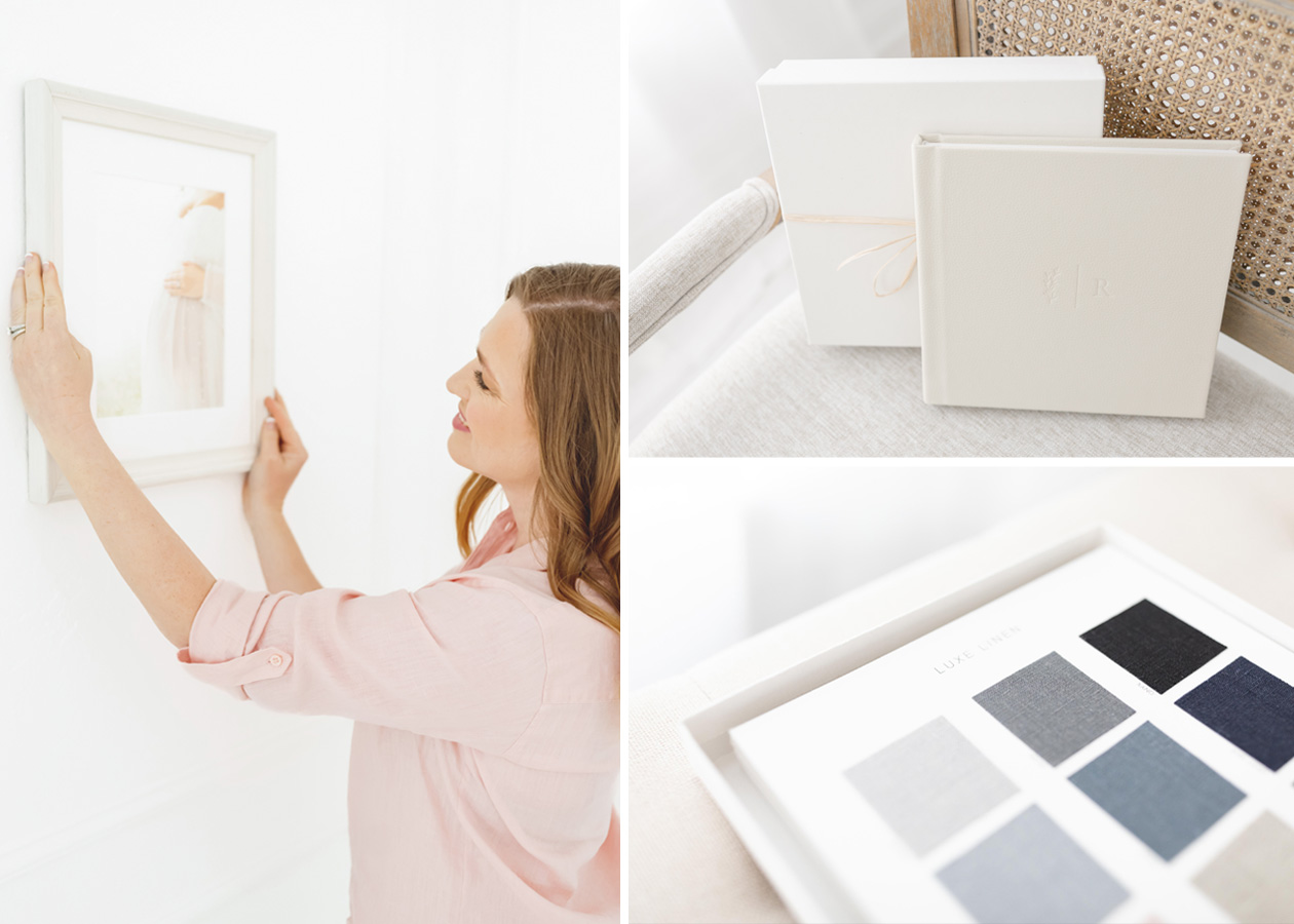 Collage showing a woman hanging a framed maternity photo, a luxury linen photo album with box, and fabric swatches. Family Photography in Northern Virginia by Honikel Photography.