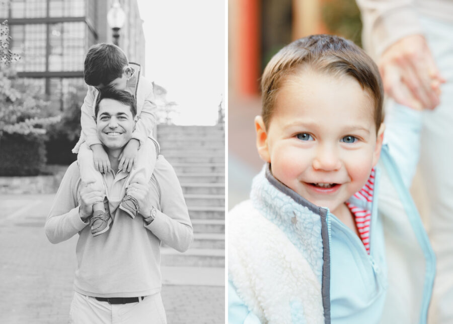 A father carries his smiling toddler on his shoulders, while a close-up shows the child’s joyful expression in cozy cold-weather layers.