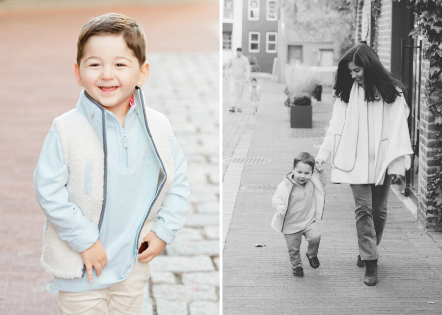Two-image collage showing a smiling young boy standing on a brick walkway in color, alongside a black and white photo of a mother walking hand in hand with her child down a city street