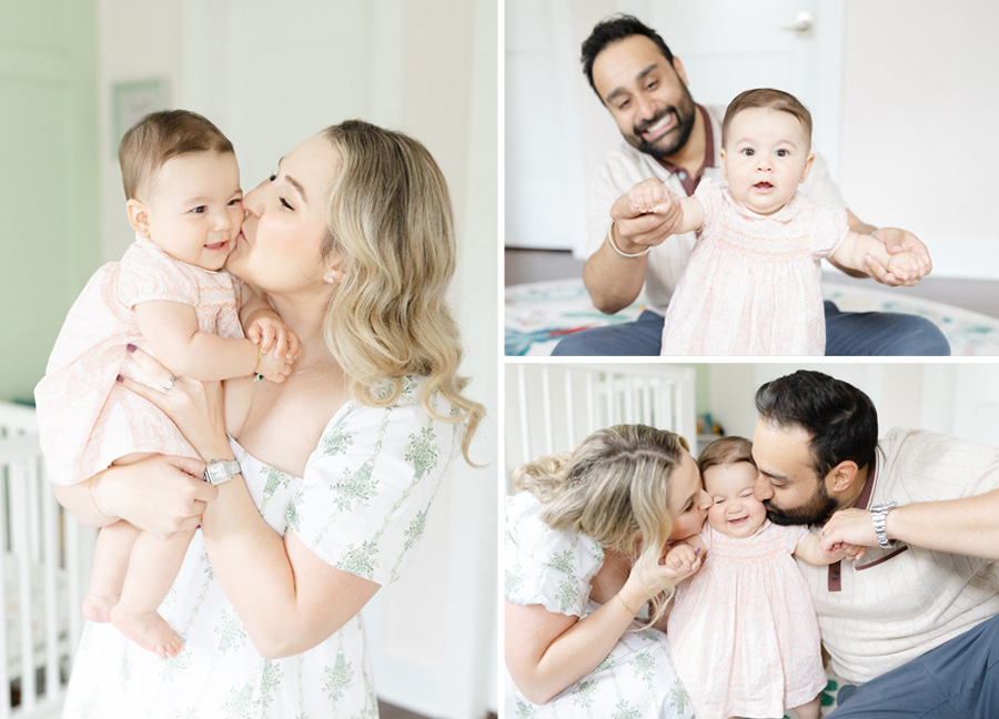 Three-image collage showing parents and their baby daughter at home, with mom kissing baby’s cheek, dad helping baby sit, and both parents kissing baby while she smiles