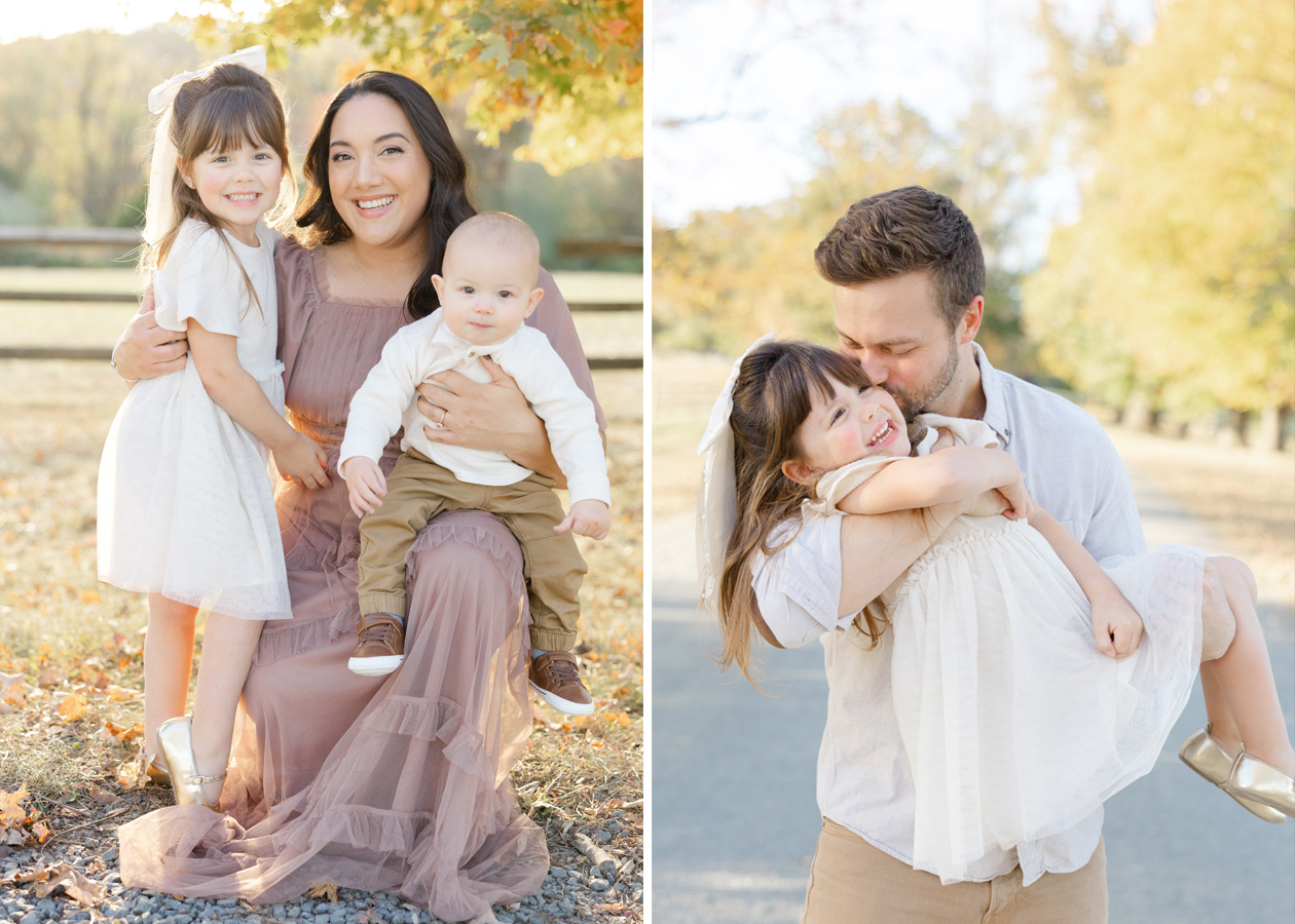 Heartfelt family photos captured outdoors in soft autumn light, featuring parents with their young children sharing cuddles and laughter along a scenic, tree-lined path with golden fall foliage.