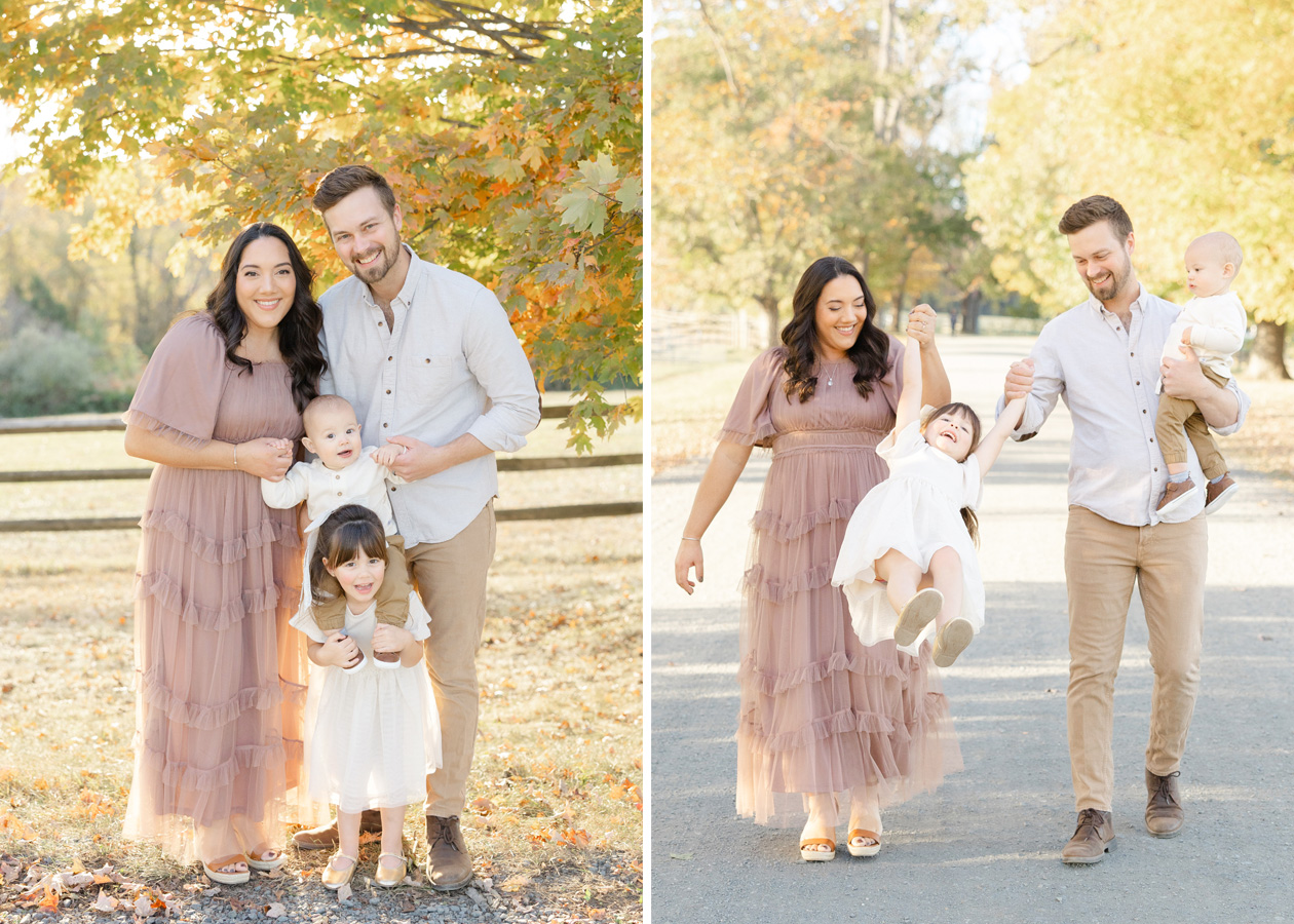 Fall family photoshoot outfit ideas featuring mom, dad, and two kids.
