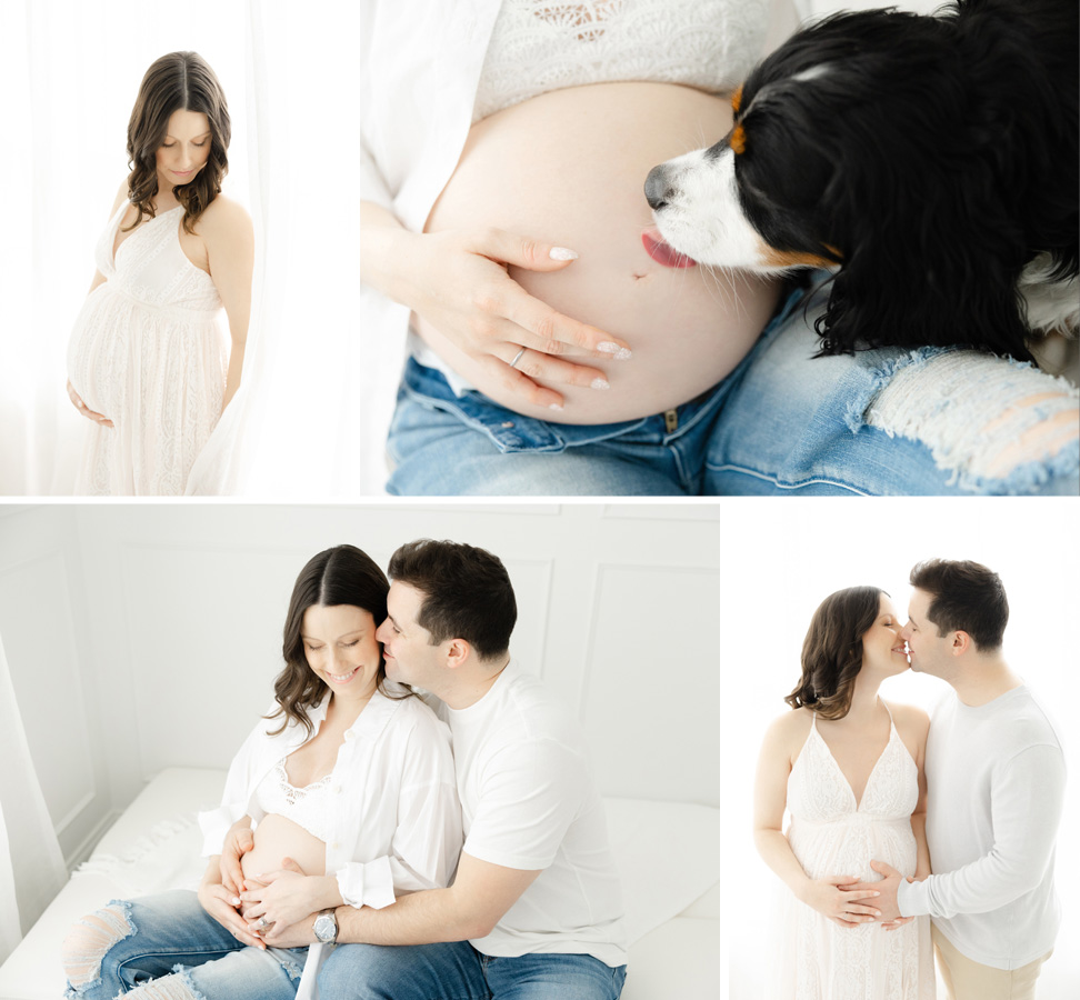 In-home maternity photographer in Alexandria Virginia featuring maternity photoshoot client and partner and their dog.