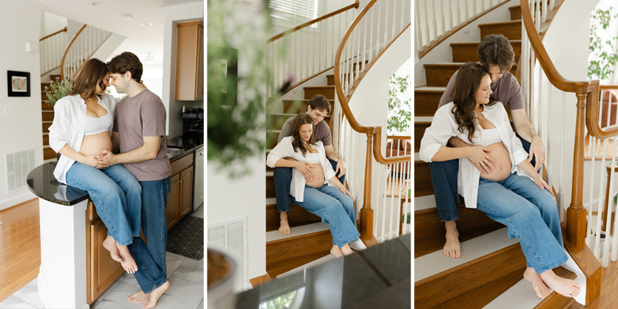 Beautiful maternity photography session in Northern Virginia featuring happy couple in their home.