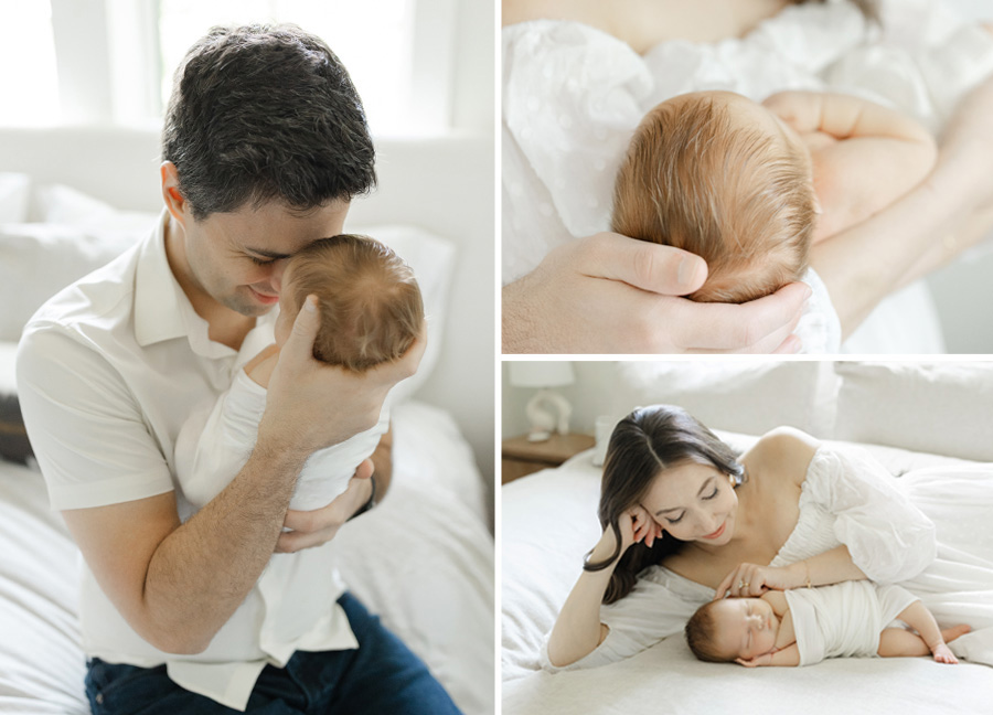 In-home newborn family photography in Washington, DC featuring a father holding his baby, a mother cuddling her newborn, and close-up newborn details