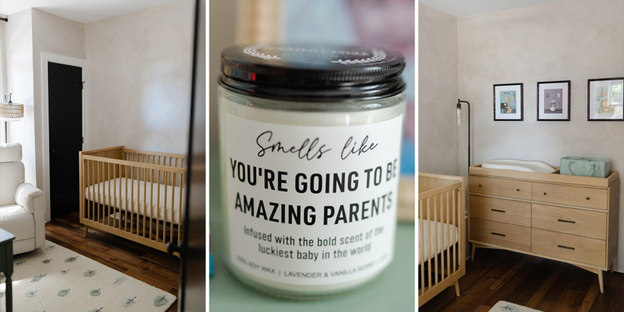 Minimalist nursery photographed during an in-home Washington, DC newborn photography session, featuring a modern crib and thoughtful baby details