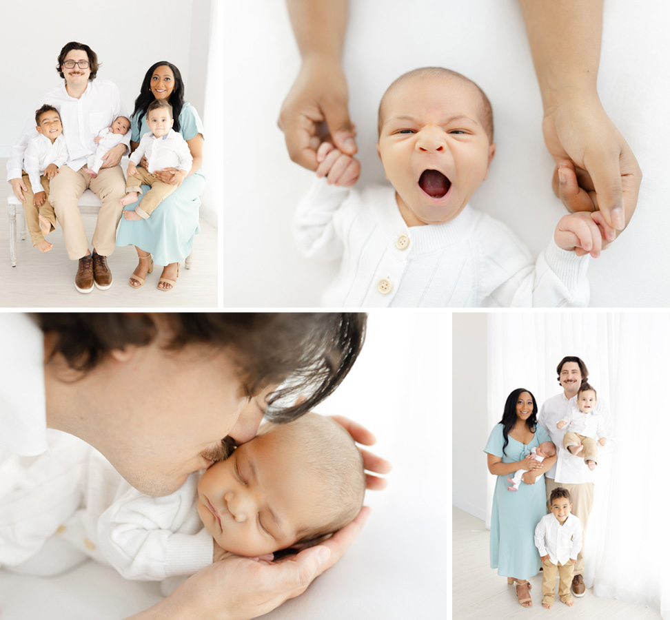 A family of five celebrating the arrival of their baby boy with timeless studio newborn portraits and candid family moments.